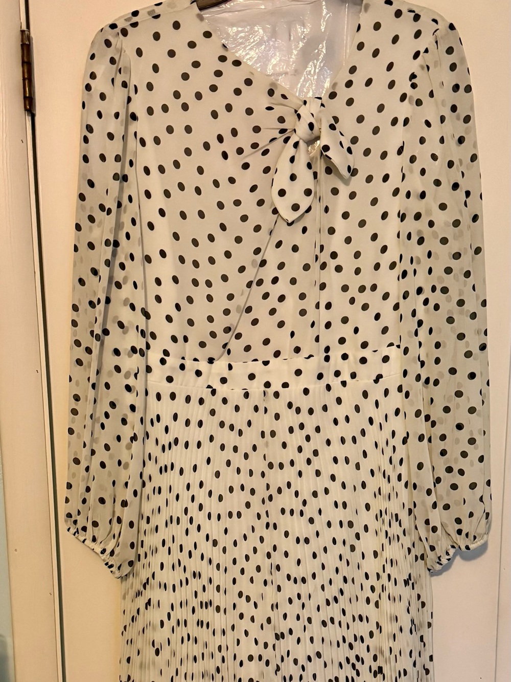 Polka Dot Tie-Neck Long Sleeve Women's special occasion dress - Black on White